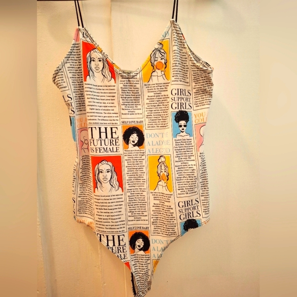 Graphic Print Bodysuit with Text and Faces